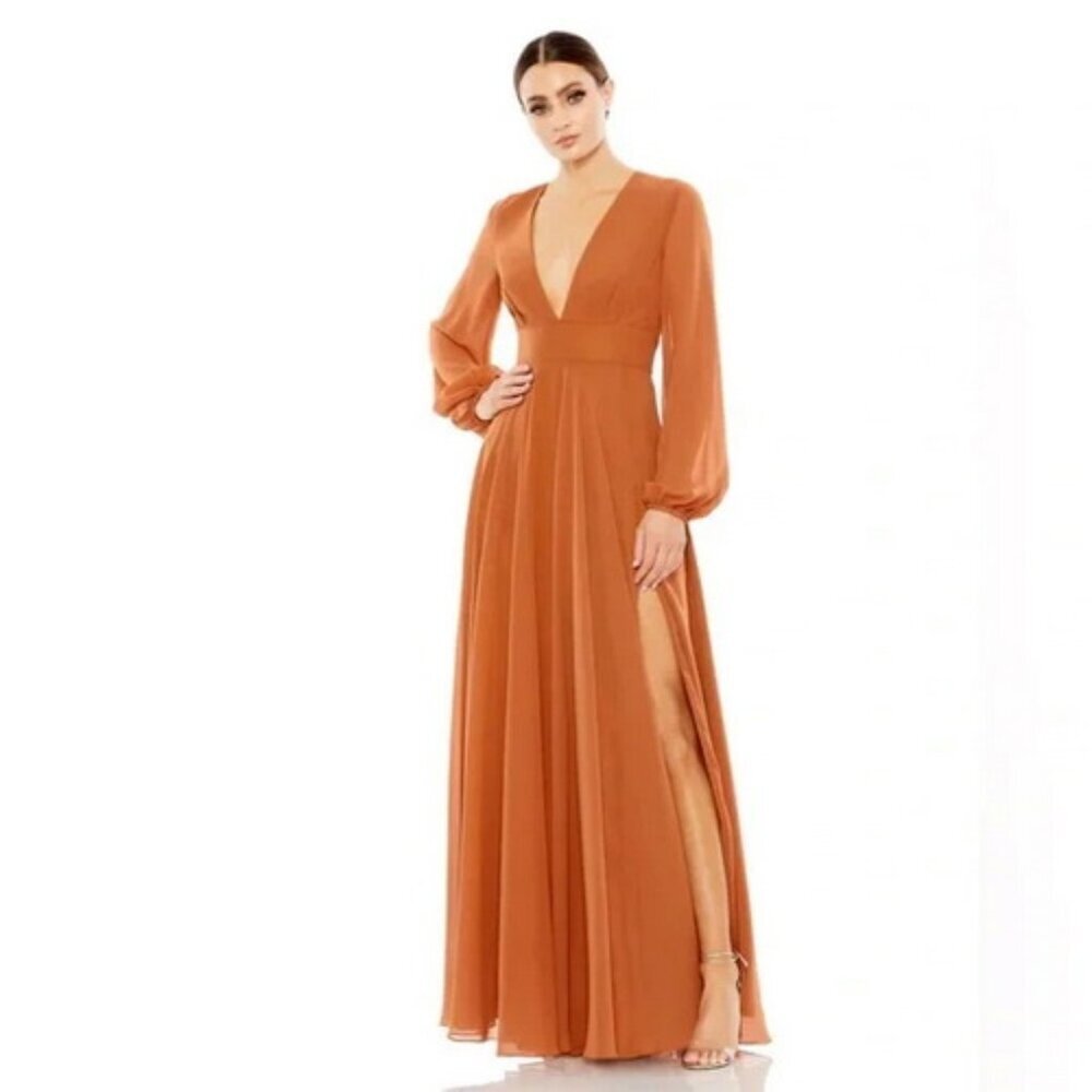 Ieena Mac Duggal Terra Cotta Long Sleeve Chiffon Gown